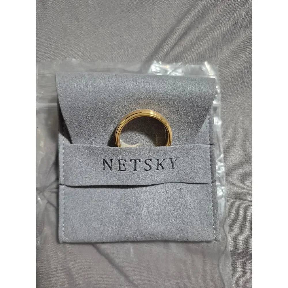 NETSKY Tungsten Carbide Gold Tone Wedding Band Ring Brushed Beveled Size 11 New